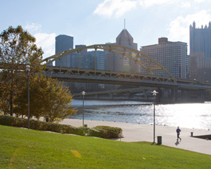 Pittsburgh bridge with green grass and buildings in background - Nartak marketing and advertising agency