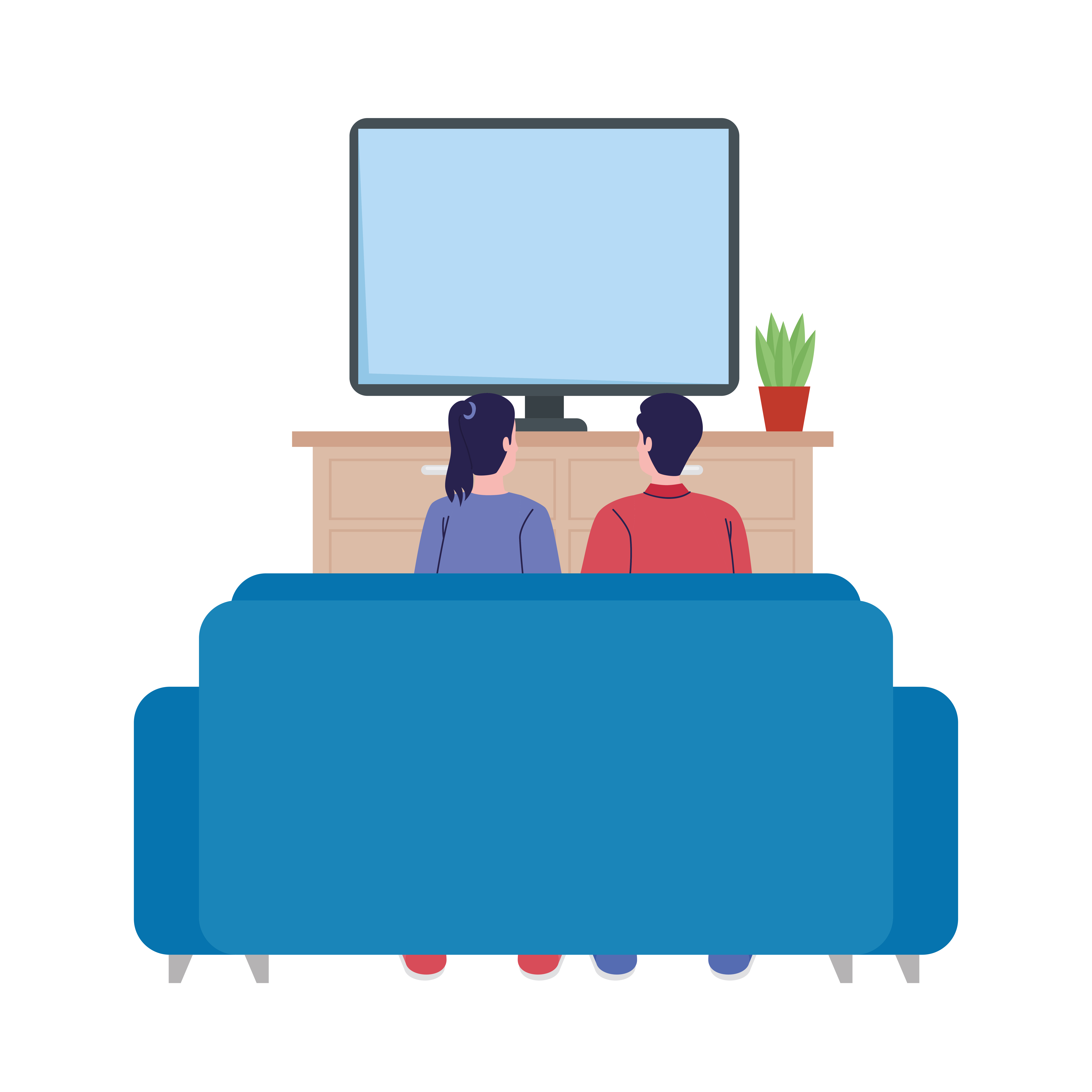 digital graphic with a man and woman sitting on the couch looking at their tv