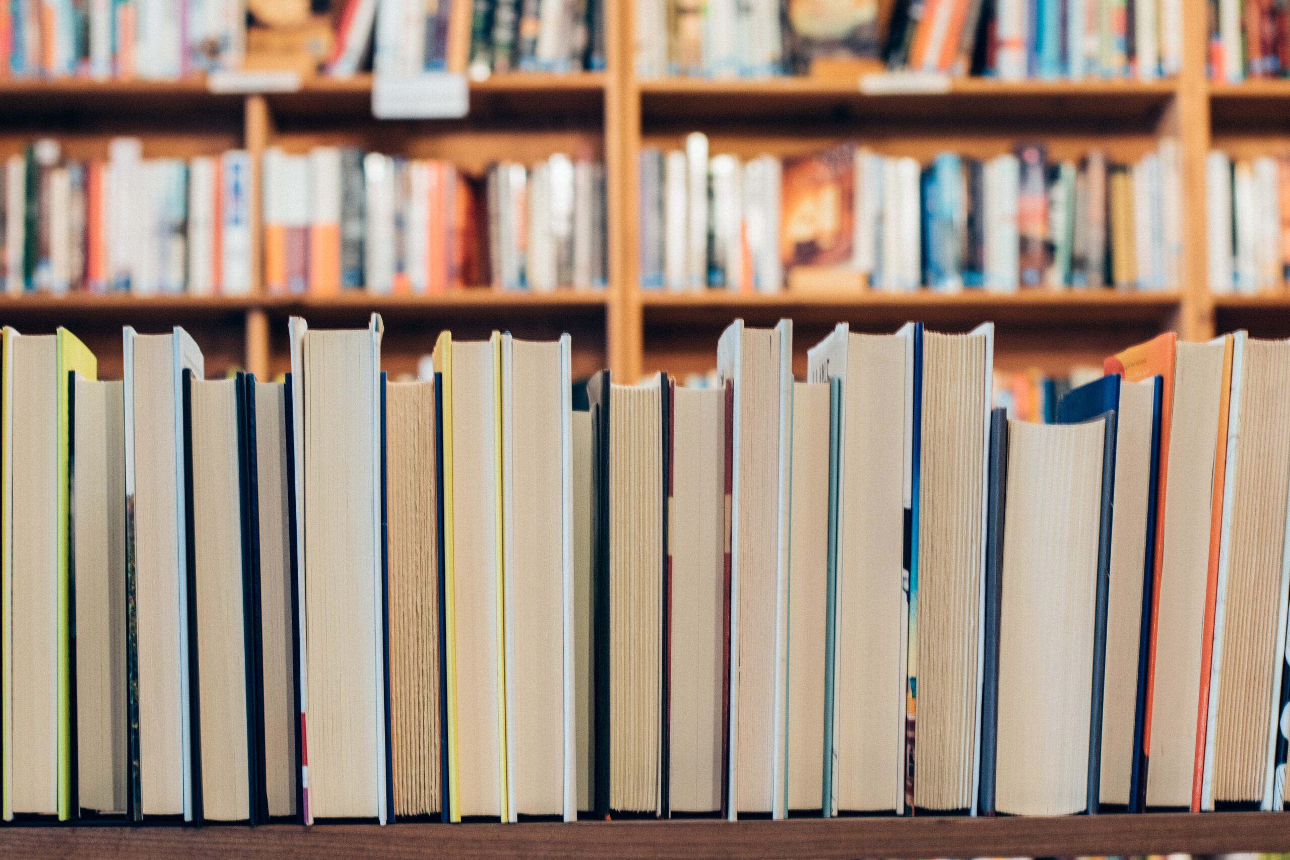books and novels lined up in a row on a shelf in a bookstore