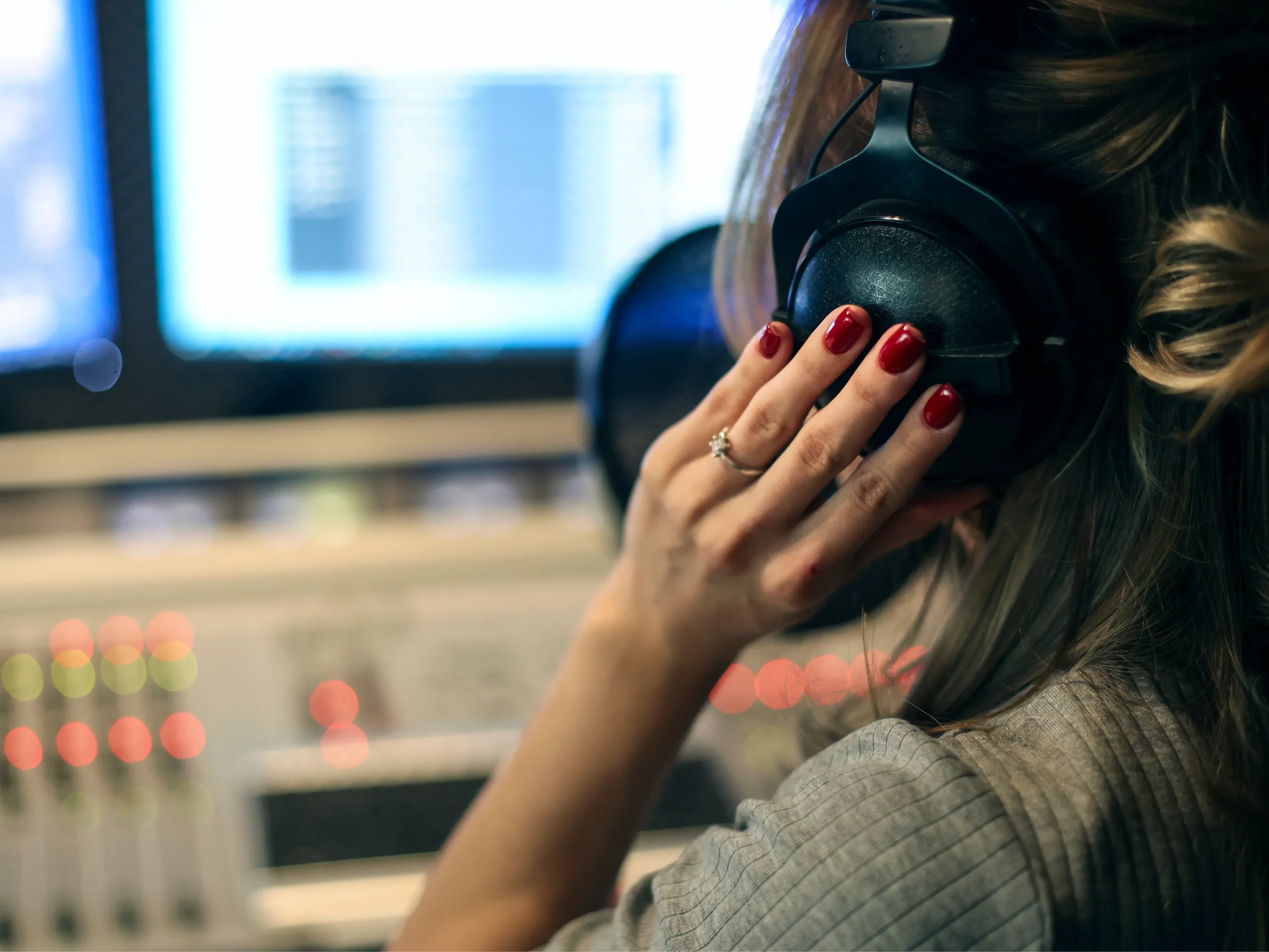 person recording over sound system, holding headphone